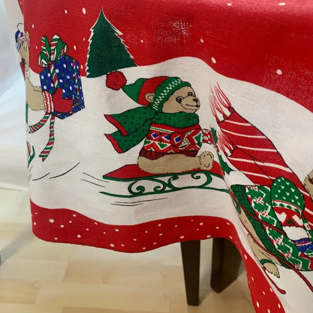 Vintage Christmas Tablecloth Round Red Holiday Teddy Bear Snow Scene 60” Decor